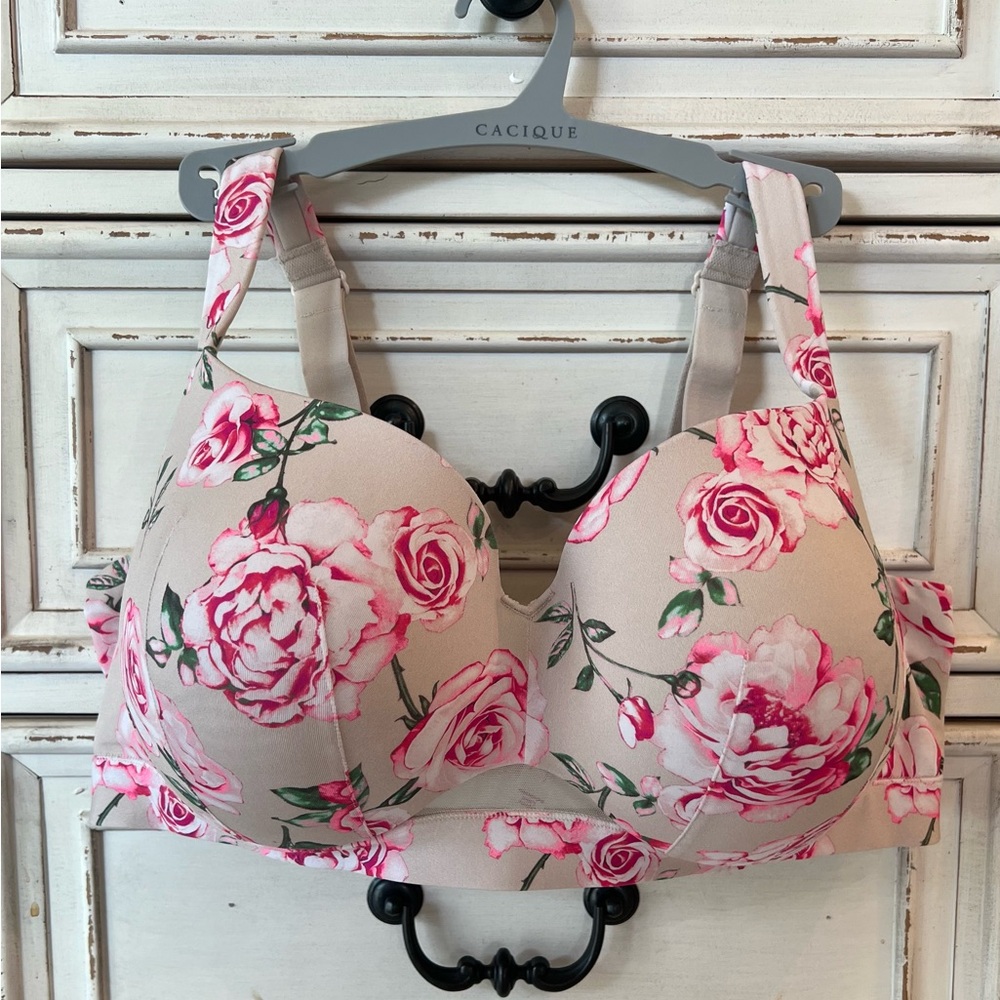 Cacique Pink & Cream Floral Comfort Bliss Lightly Lined Balconette Bra 44DDD